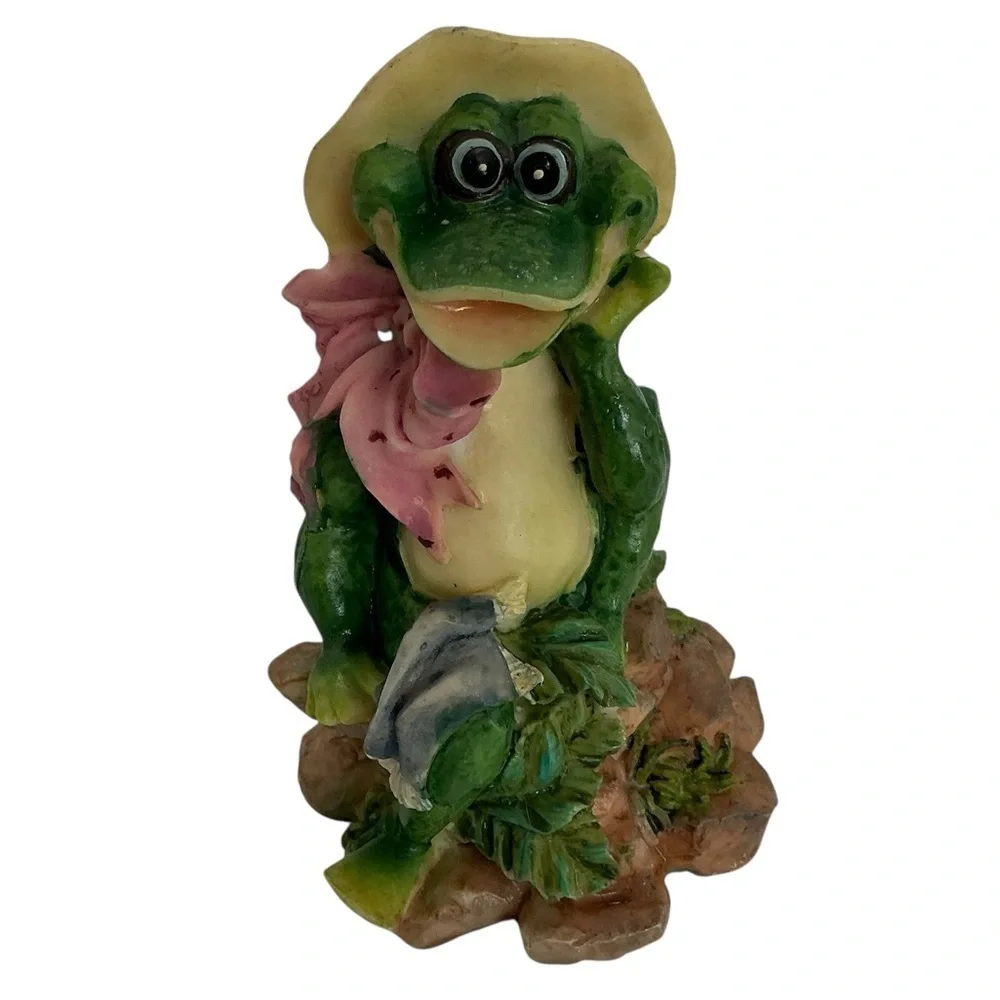 Vintage Frog Figurines Gardening Theme 4”-5” Intricate Carving 2 PC Collectible